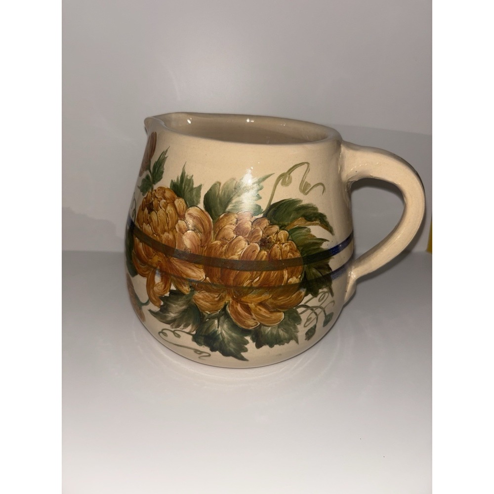 Vintage Stoneware Art Pottery Pitcher, Signed, Cream Brown,‎ Handmade
